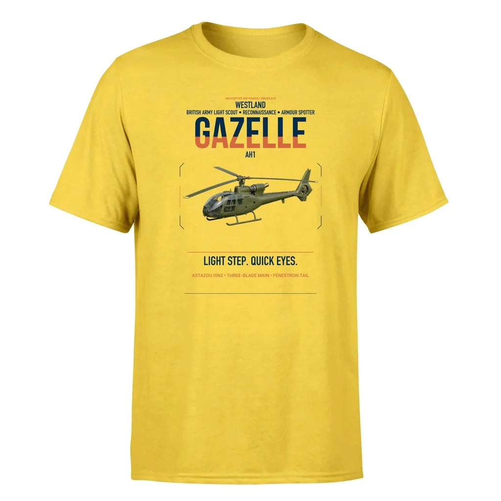 Westland Gazelle AH1 design on yellow t-shirt, single-side print