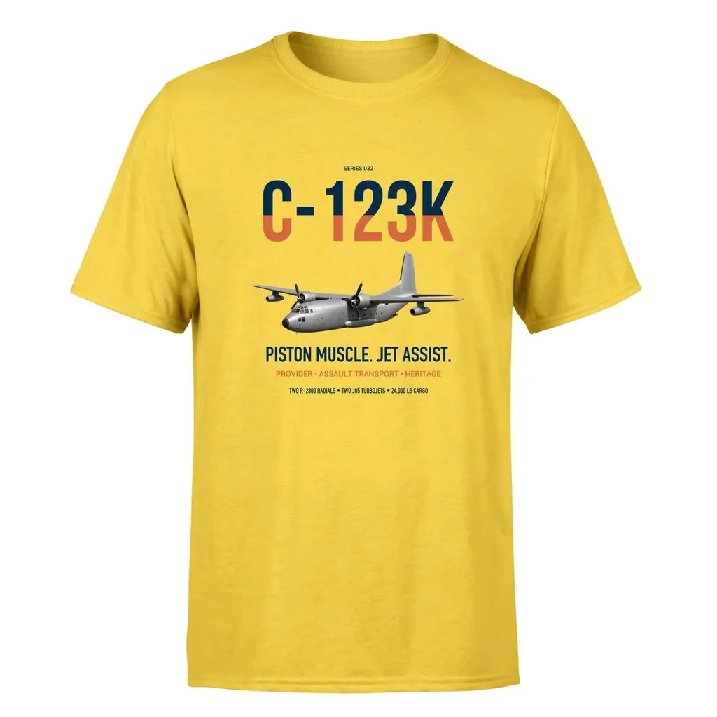 C-123K Provider design on yellow double-side t-shirt, single-side print