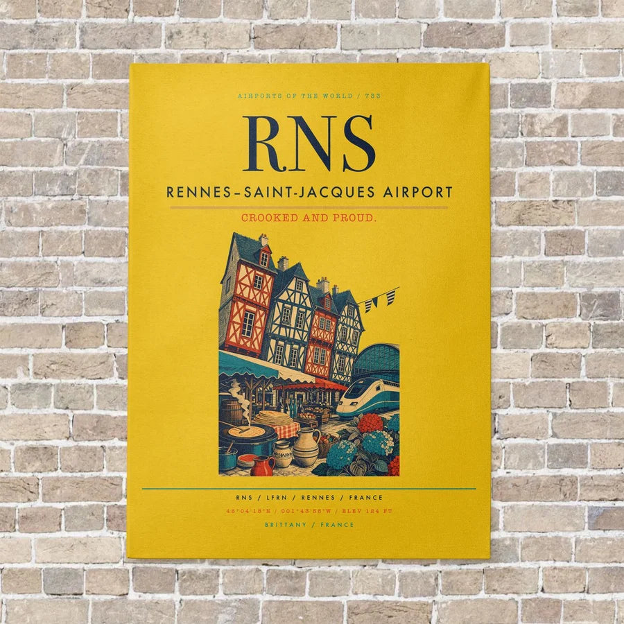 Rennes–Saint-Jacques Airport RNS vertical canvas print - no frame - yellow background
