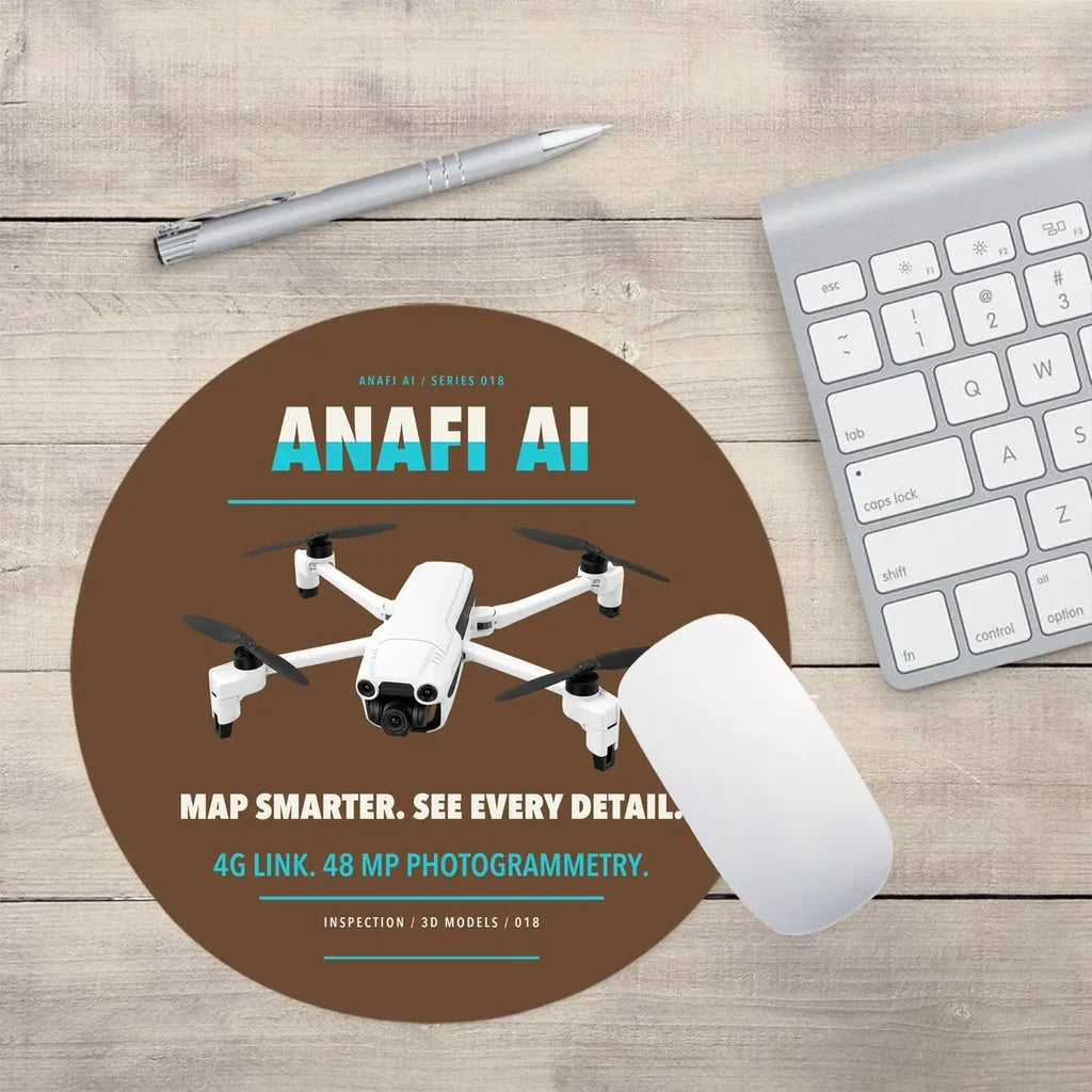 Parrot ANAFI Ai design on brown round mouse pad