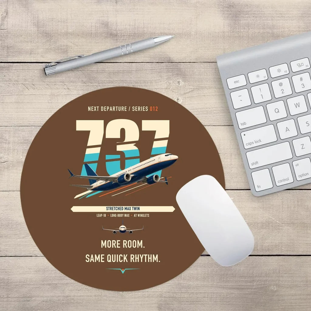 Boeing 737 MAX 9 design on brown round mouse pad