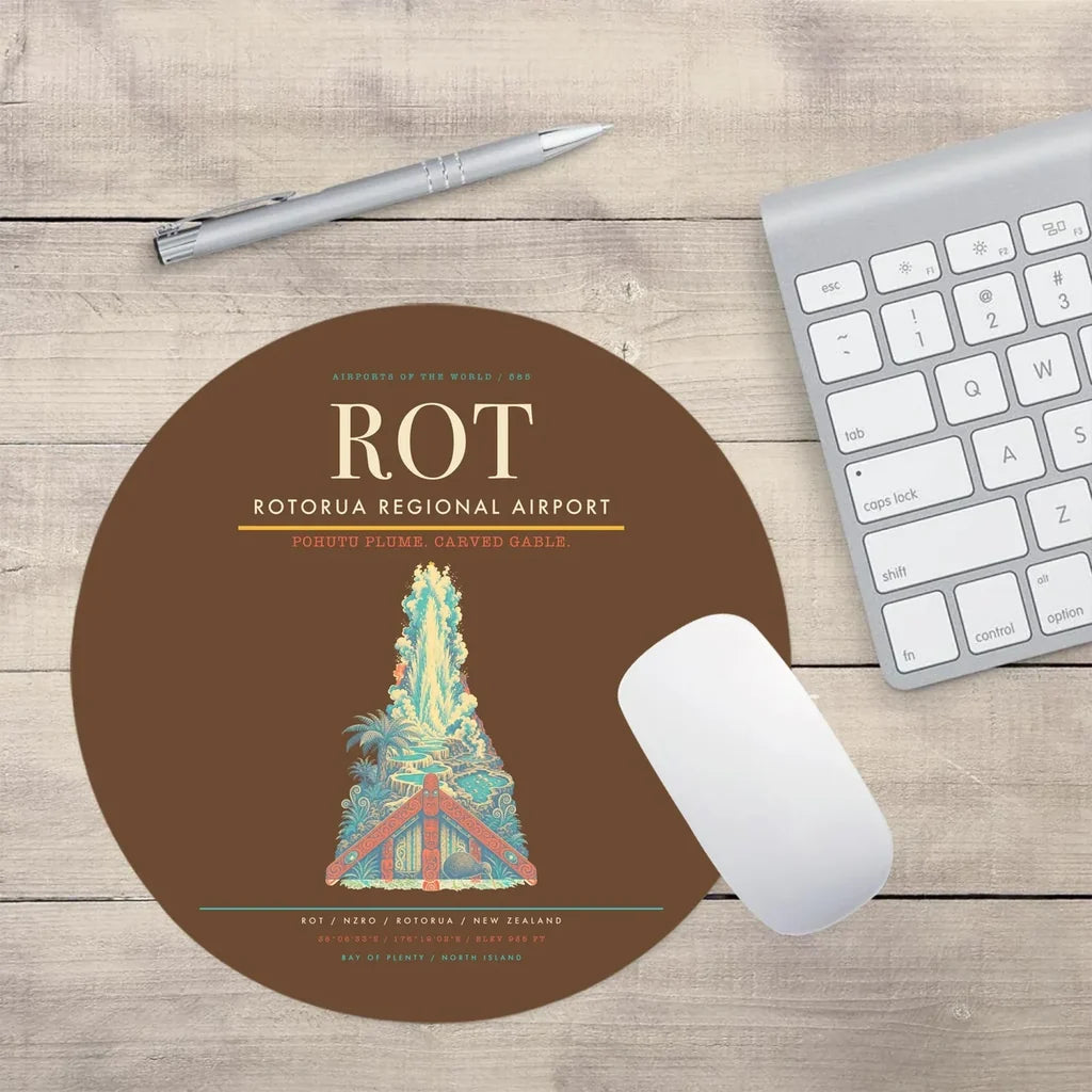 Rotorua Regional Airport (ROT) design on brown round mouse pad