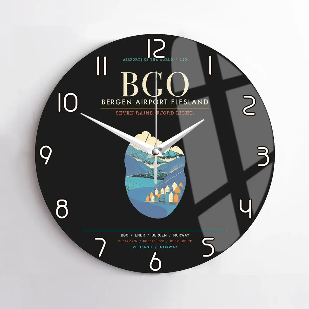 Bergen Airport Flesland BGO - Seven-Rain Fjord Tapestry Wall-Clock No-Frame - Black