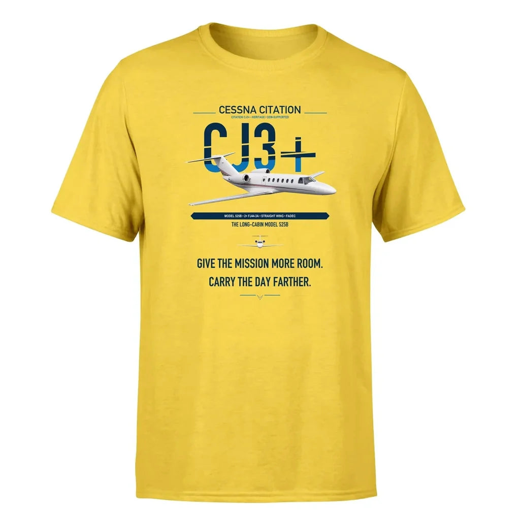 Cessna Citation CJ3+ design on yellow double-side t-shirt, single-side print