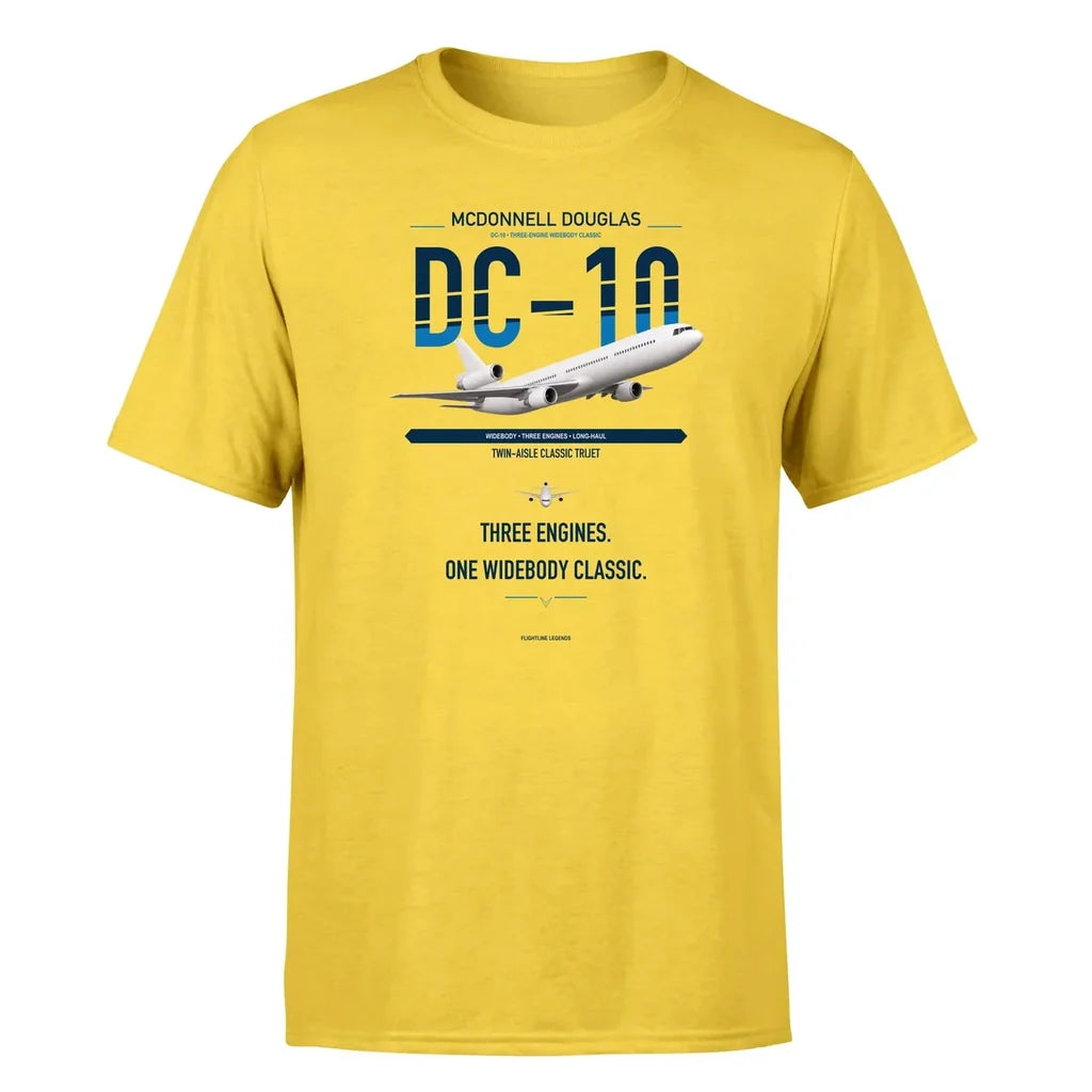 McDonnell Douglas DC-10 design on yellow double-side t-shirt, single-side print