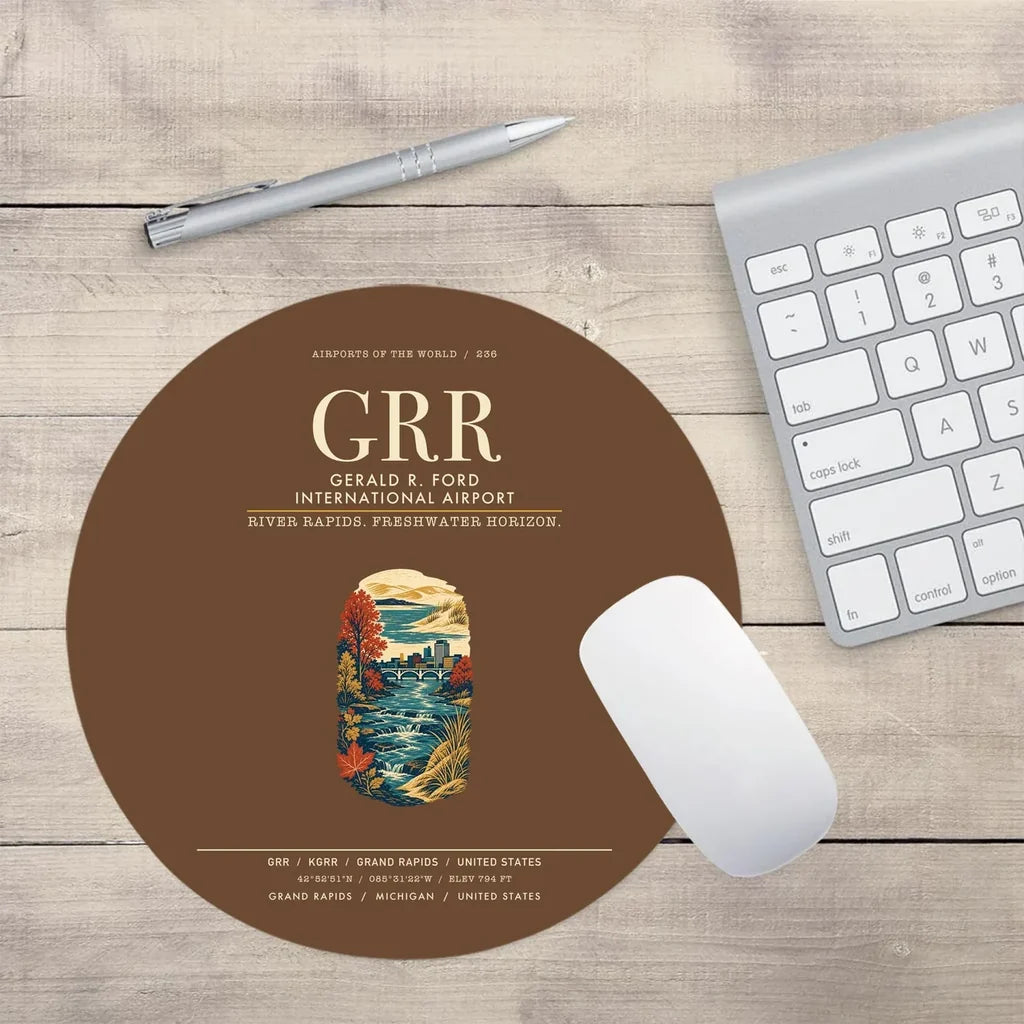 Gerald R. Ford International Airport Grand Rapids (GRR) design on brown round mouse pad
