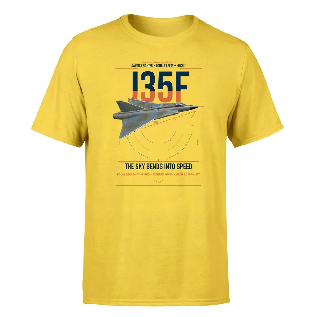 Saab J 35F Draken design on yellow t-shirt, single-side print