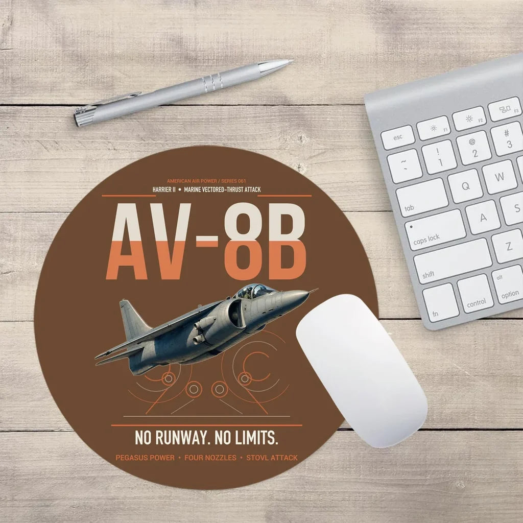 AV-8B Harrier II design on brown round mouse pad