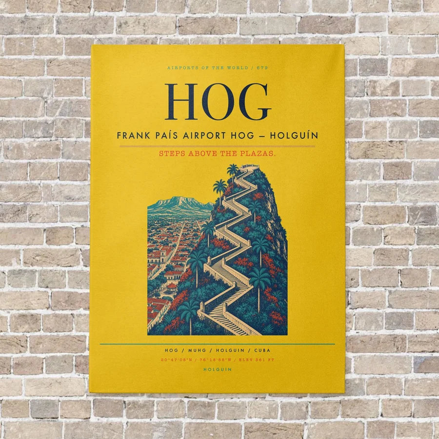 Frank País Airport HOG — Holguín vertical canvas print - no frame - yellow background