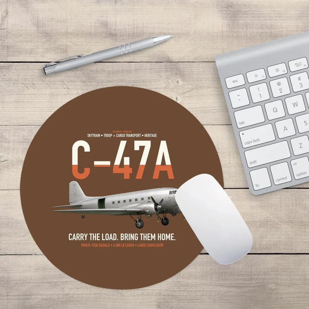 C-47A Skytrain design on brown round mouse pad