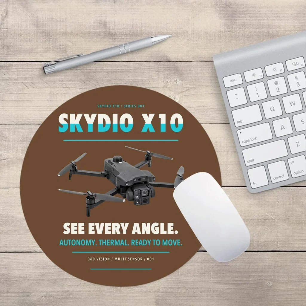 Skydio X10 design on brown round mouse pad