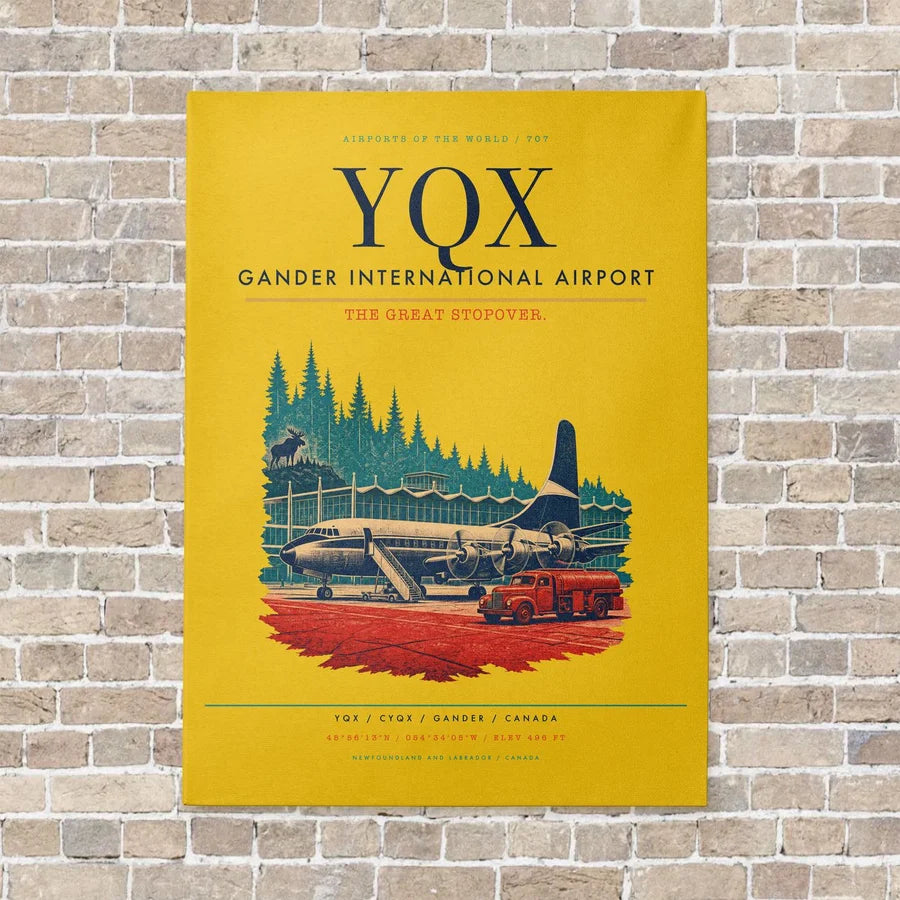 Gander International Airport YQX vertical canvas print - no frame - yellow background