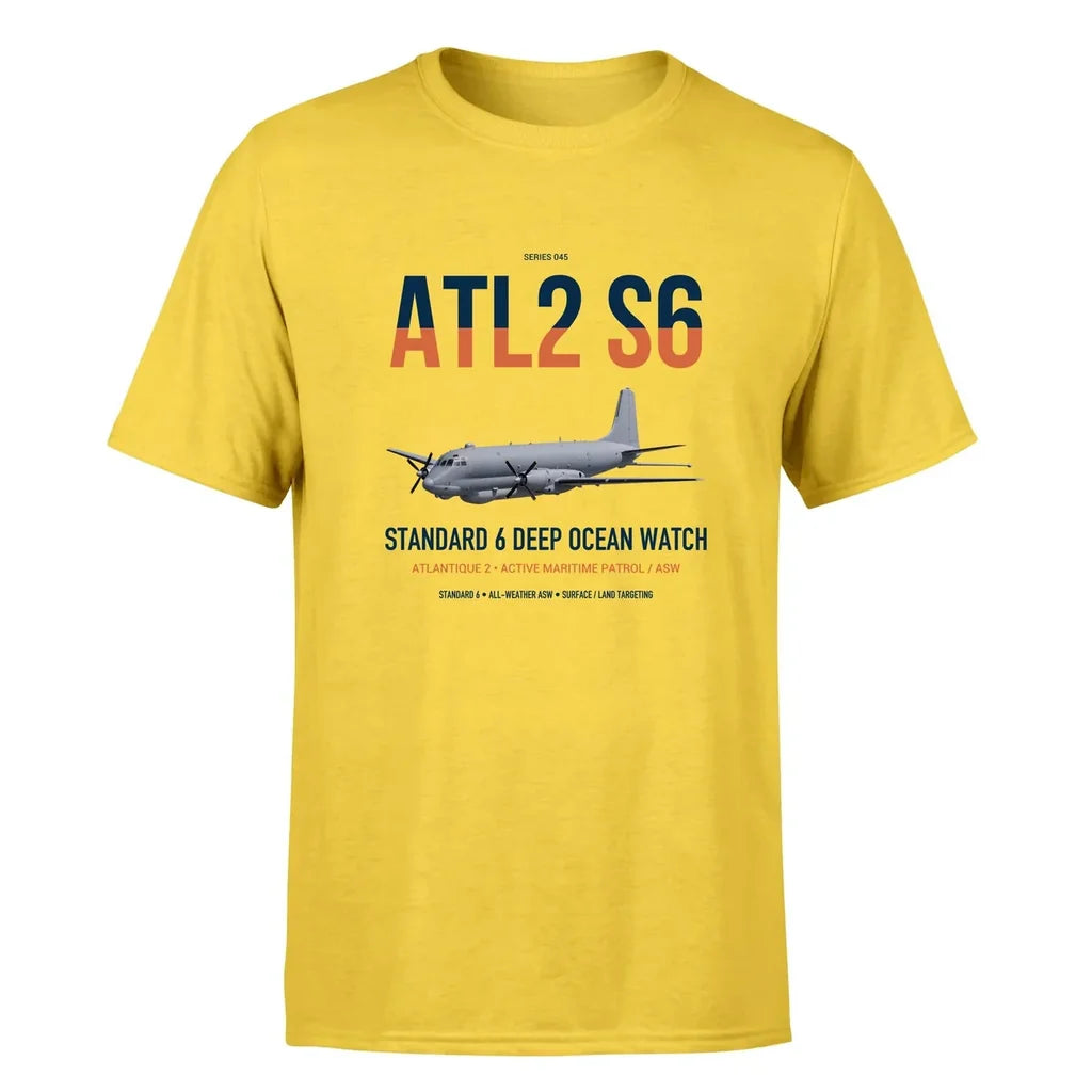 Atlantique 2 Standard 6 design on yellow double-side t-shirt, single-side print