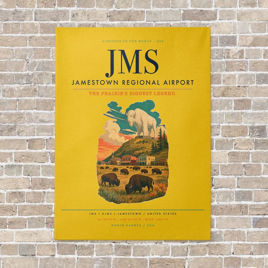 Jamestown Regional Airport JMS vertical canvas print - no frame - yellow background