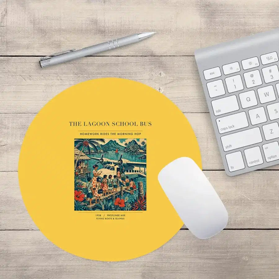 VINTAGE G4270 - The Lagoon School Bus - Designed Mouse Pads design on yellow round