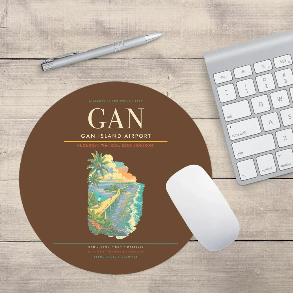 Gan Island Airport (GAN) design on brown round mouse pad