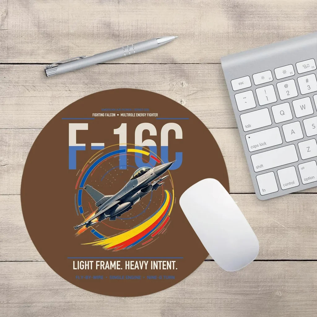 F-16C Fighting Falcon design on brown round mouse pad