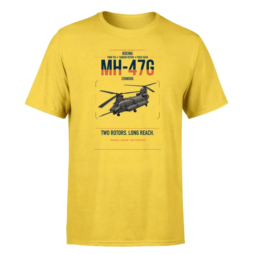 Boeing MH-47G Chinook design on yellow t-shirt, single-side print