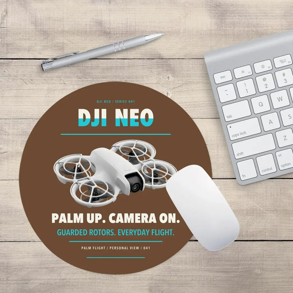 DJI Neo design on brown round mouse pad