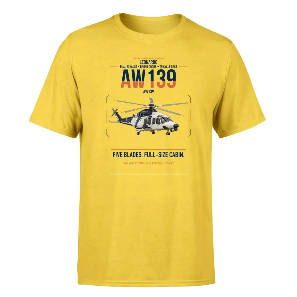 Leonardo AW139 design on yellow t-shirt, single-side print