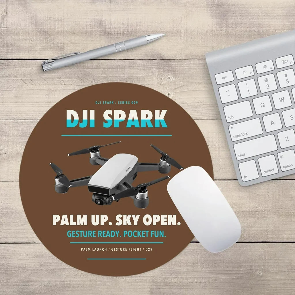DJI Spark design on brown round mouse pad