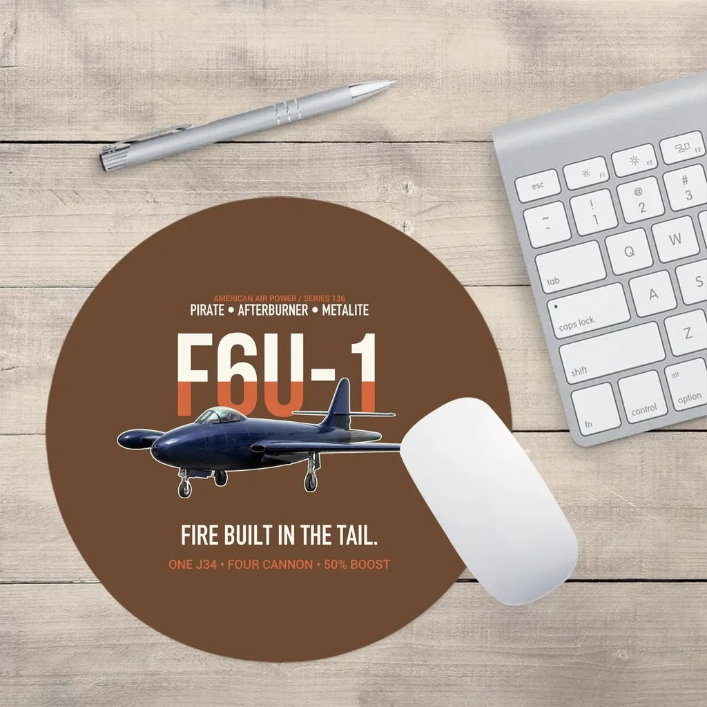 F6U-1 Pirate Fire Built in the Tail design on brown round mouse pad