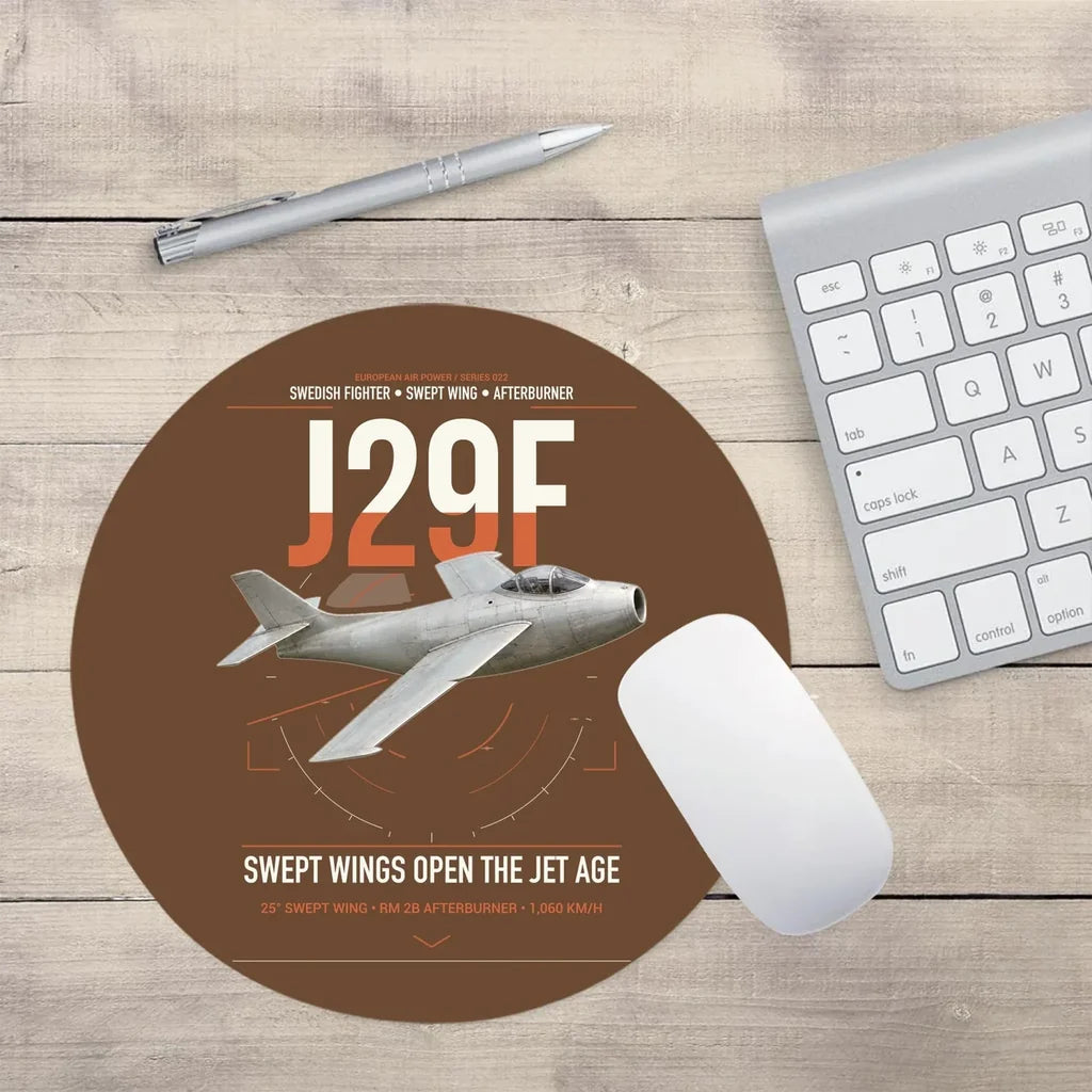 Saab J 29F Tunnan design on brown round mouse pad