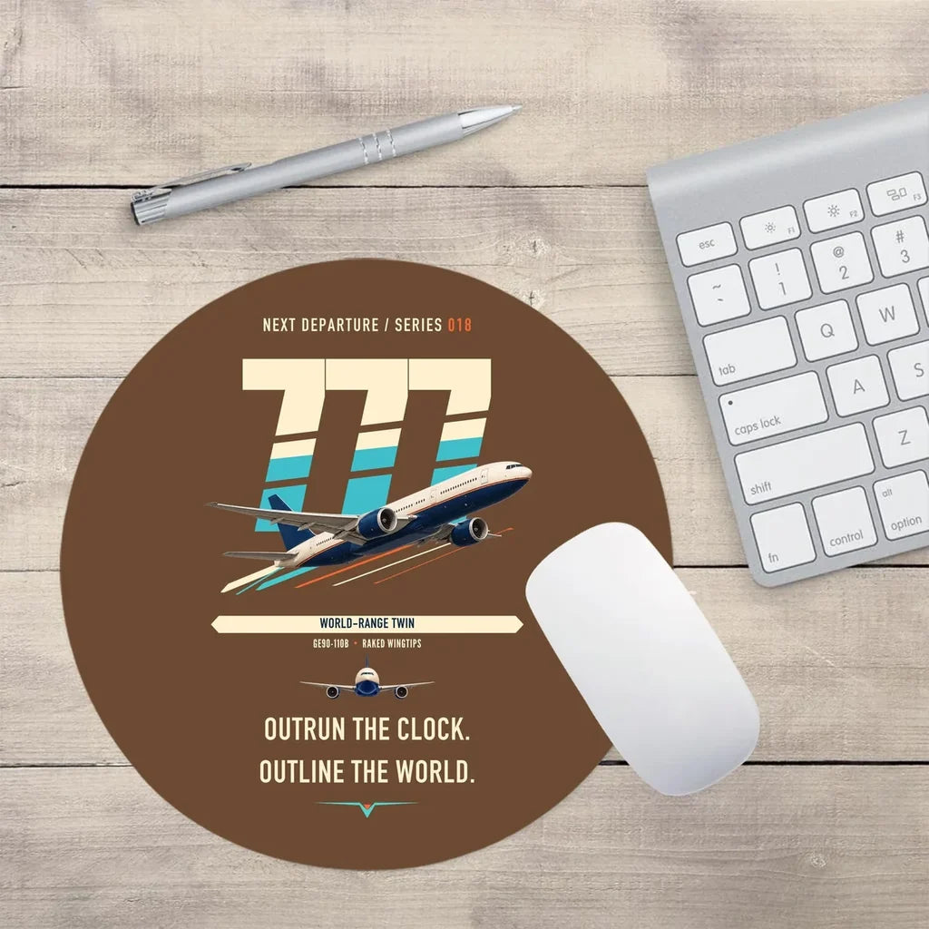Boeing 777-200LR design on brown round mouse pad