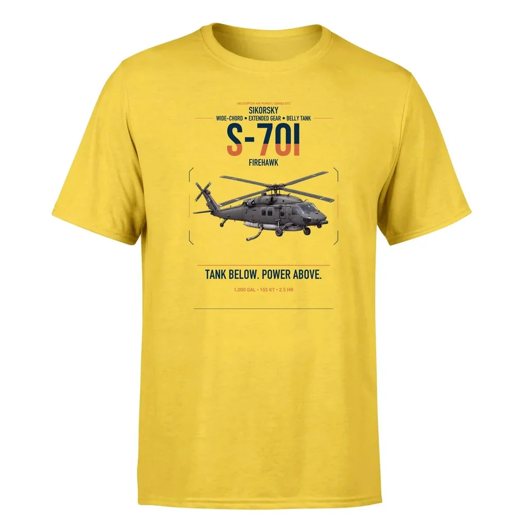 Sikorsky S-70i FIREHAWK design on yellow t-shirt, single-side print