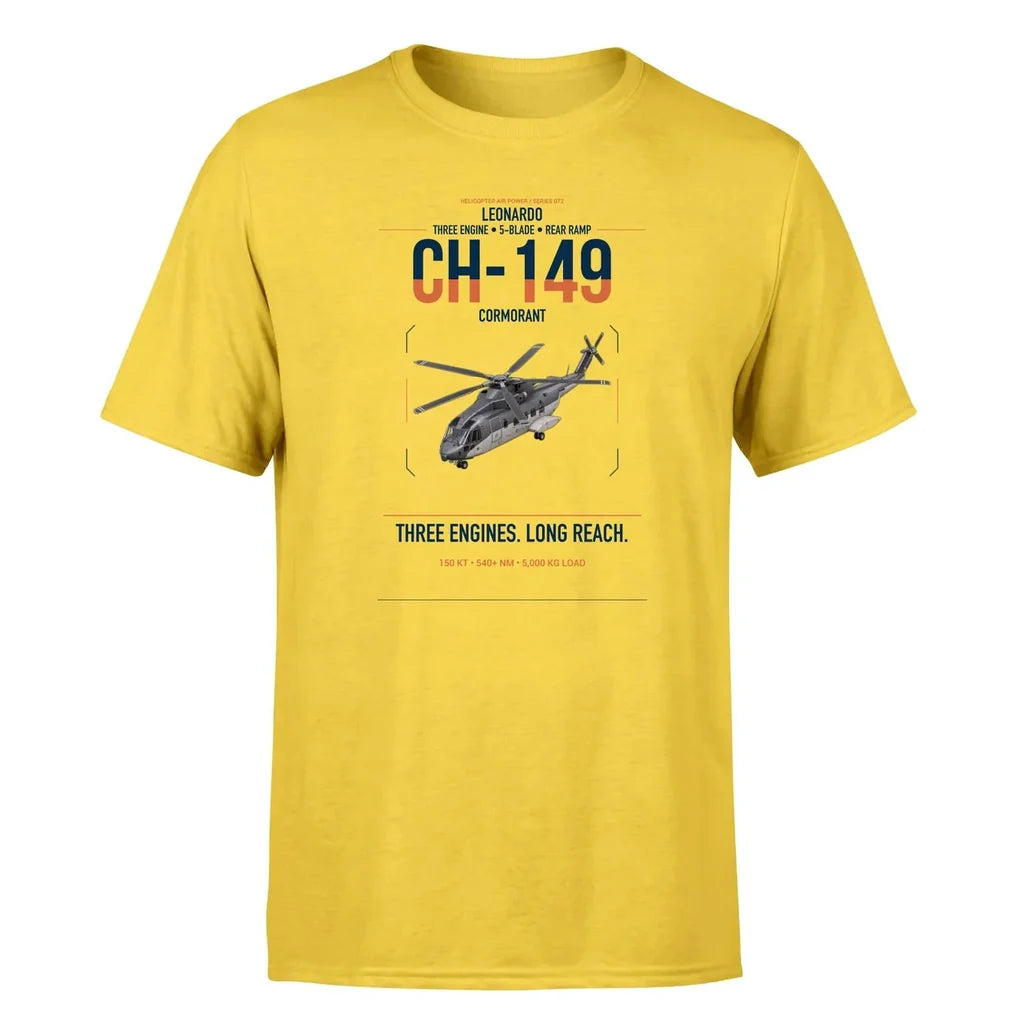 Leonardo CH-149 Cormorant design on yellow t-shirt, single-side print