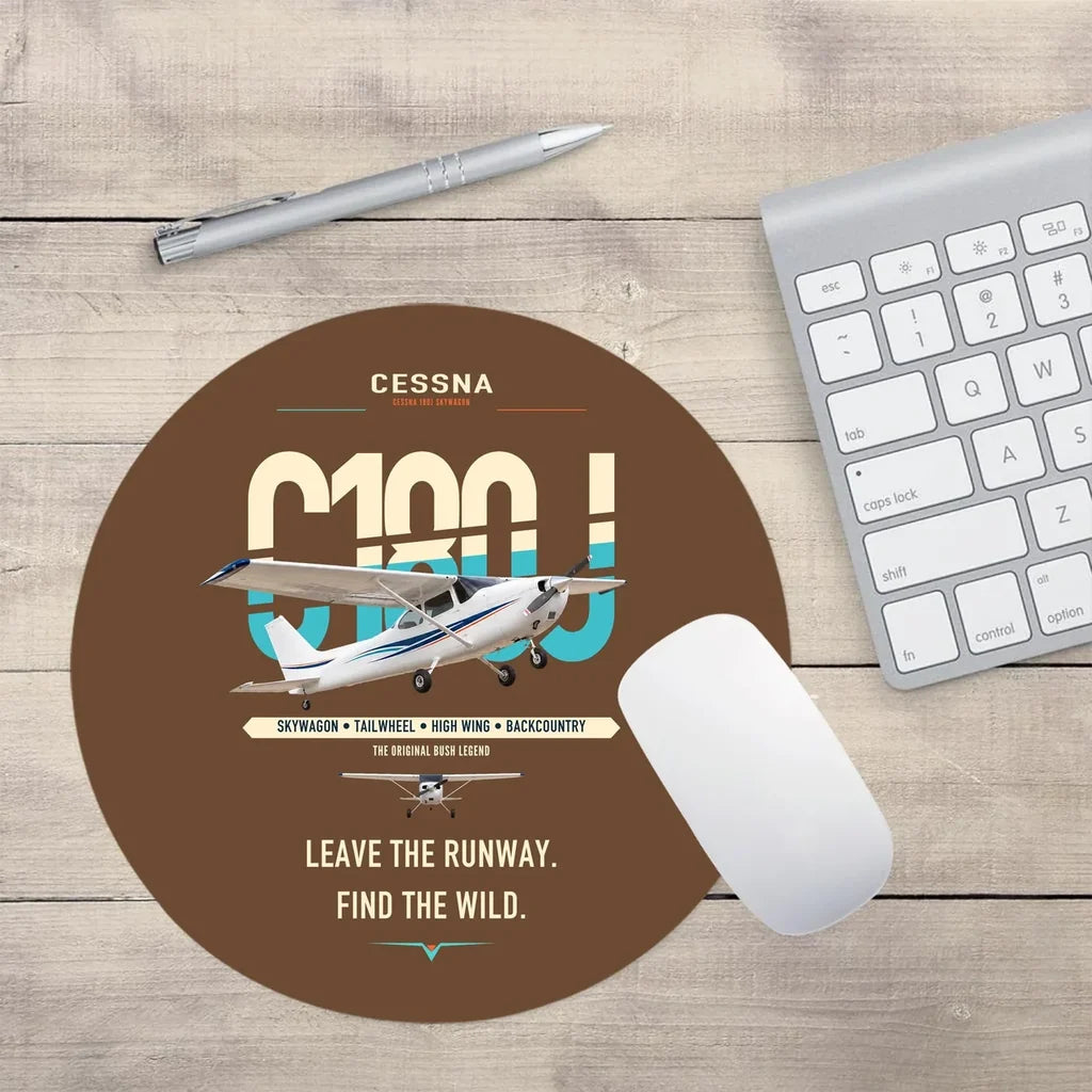 Cessna 180J Skywagon design on brown round mouse pad