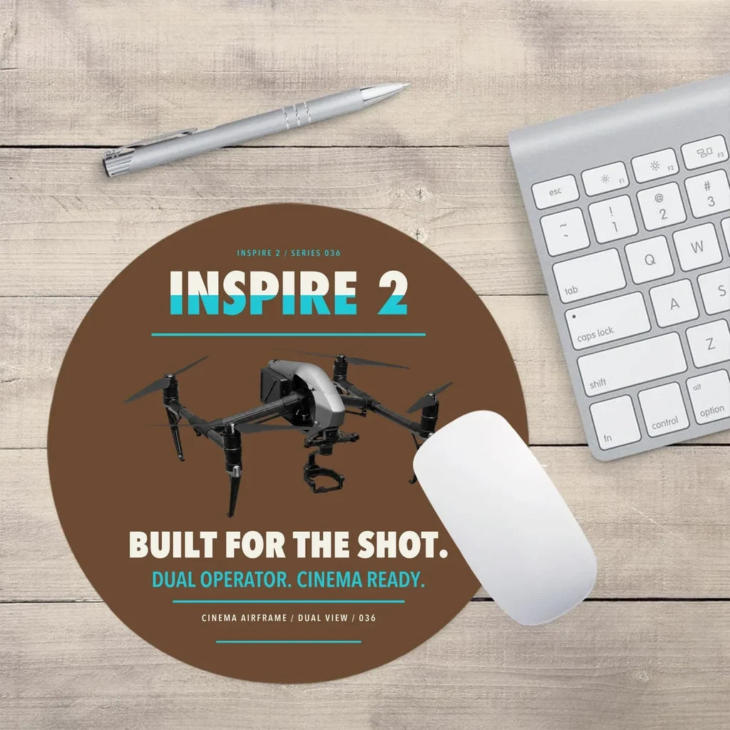 DJI Inspire 2 design on brown round mouse pad