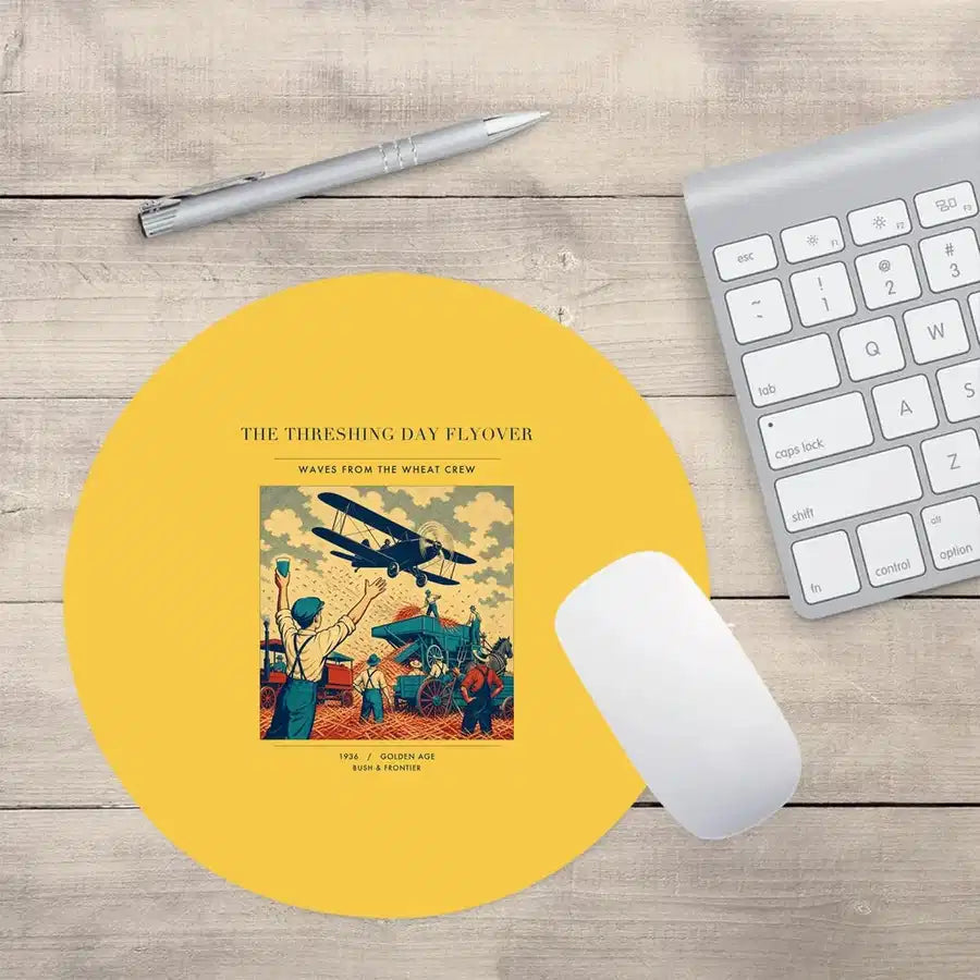 VINTAGE G4389 - The Threshing Day Flyover - Designed Mouse Pads design on yellow round