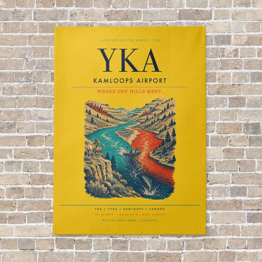 Kamloops Airport YKA vertical canvas print - no frame - yellow background