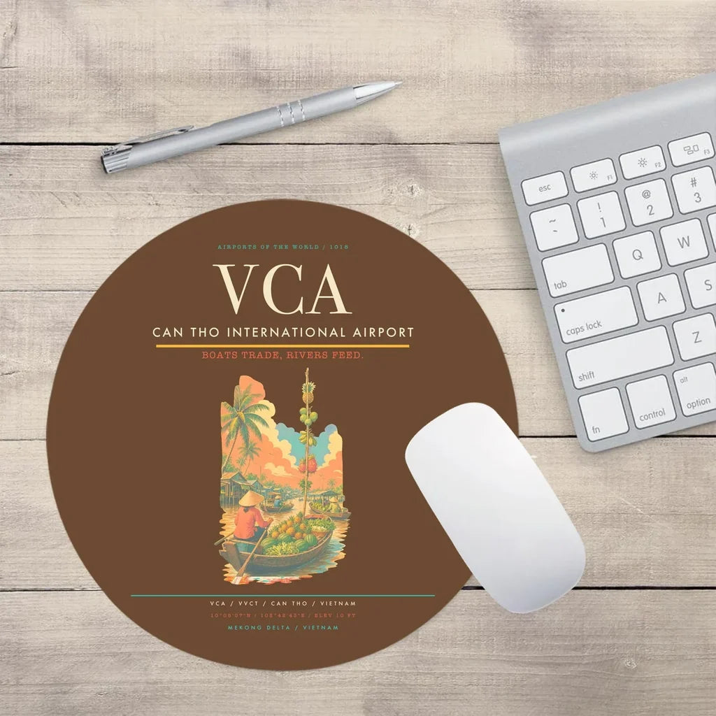Can Tho International Airport (VCA) design on brown round mouse pad