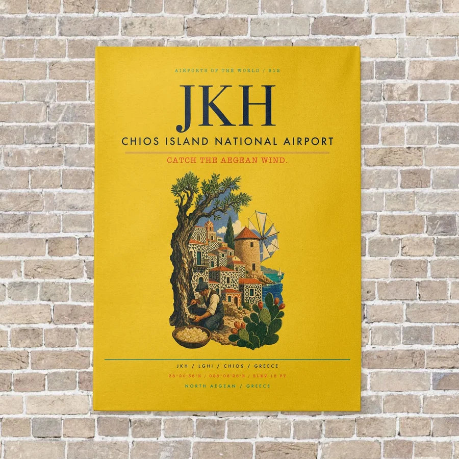 Chios Island National Airport JKH vertical canvas print - no frame - yellow background