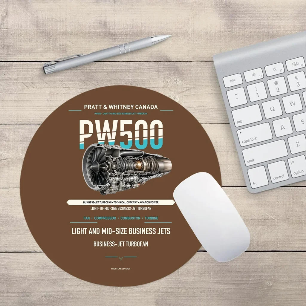 PW500 design on brown round mouse pad