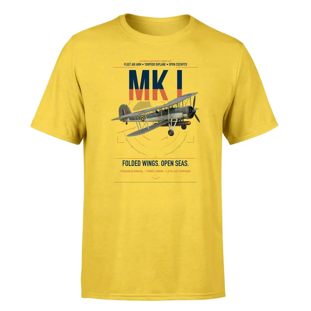 Fairey Swordfish Mk I design on yellow t-shirt, single-side print