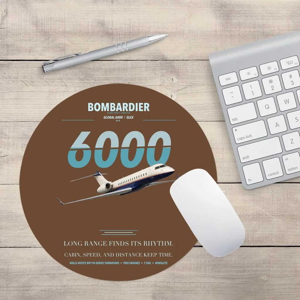Bombardier Global 6000 design on brown round mouse pad