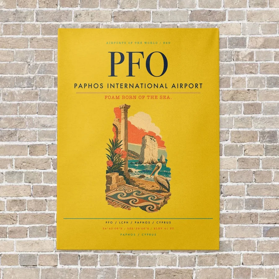 Paphos International Airport PFO vertical canvas print - no frame - yellow background