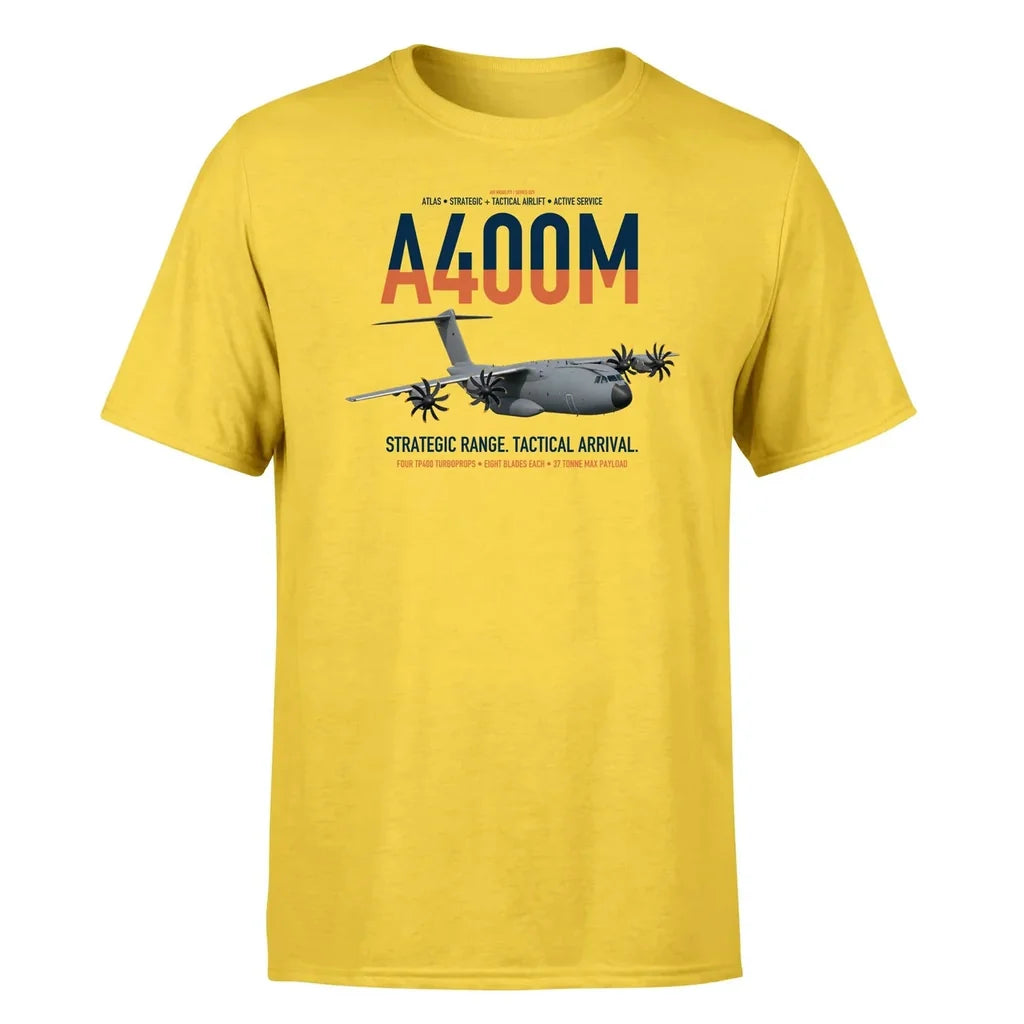 Airbus A400M Atlas design on yellow t-shirt, single-side print