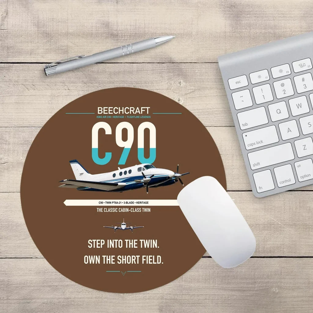 Beechcraft King Air C90 design on brown round mouse pad