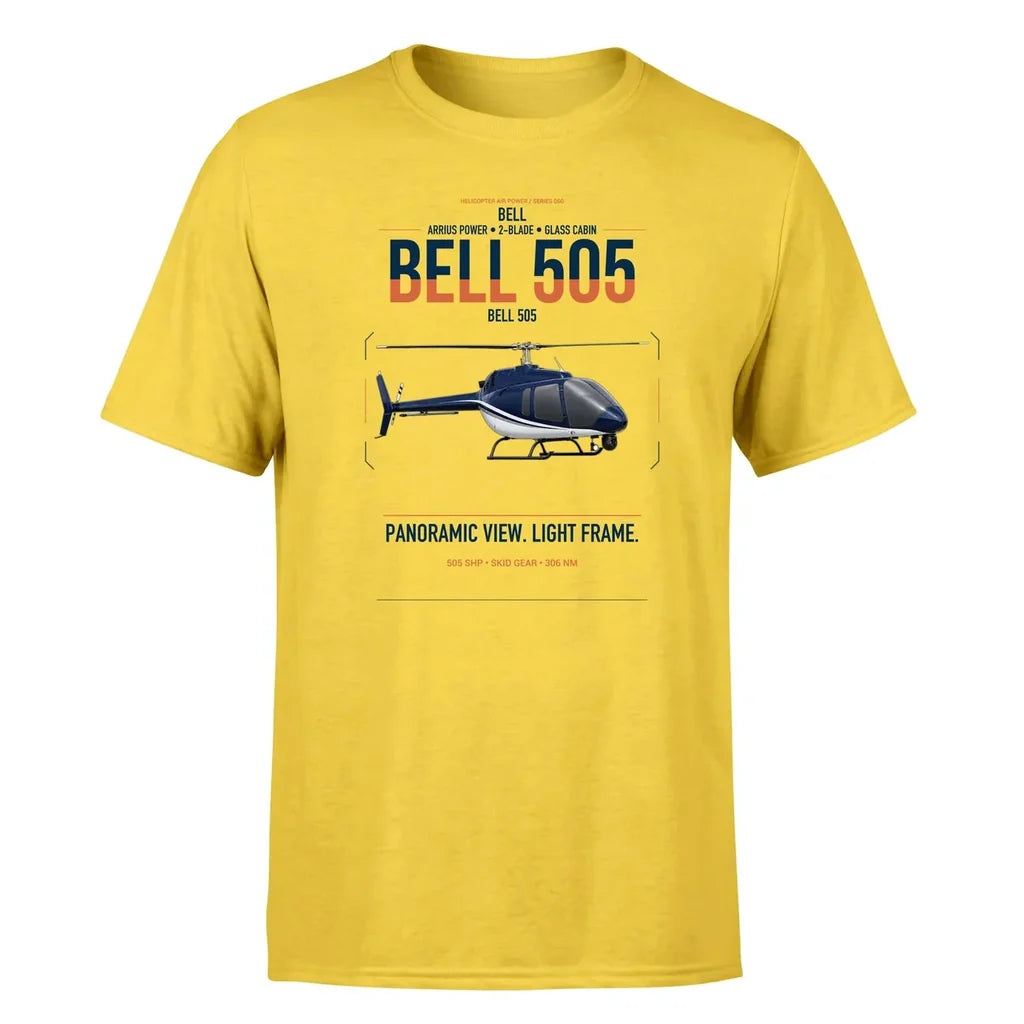 Bell 505 design on yellow t-shirt, single-side print