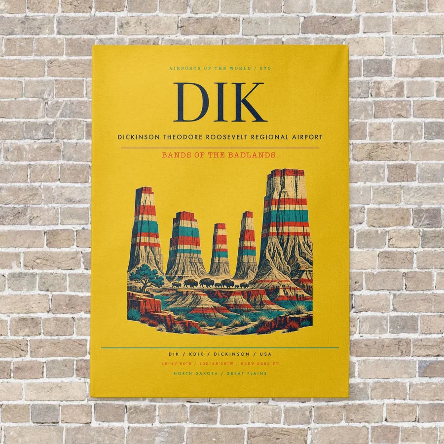 Dickinson Theodore Roosevelt Regional Airport DIK vertical canvas print - no frame - yellow background