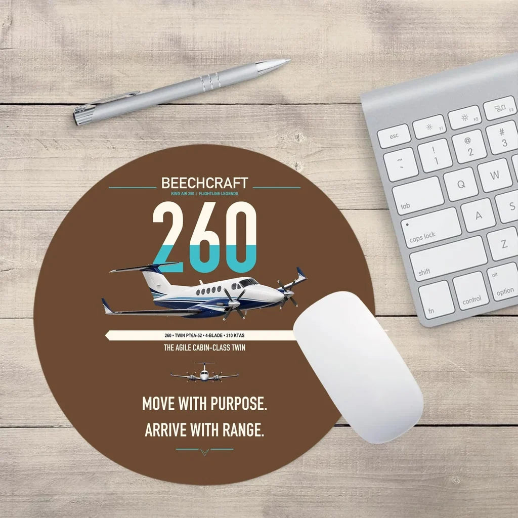 Beechcraft King Air 260 design on brown round mouse pad