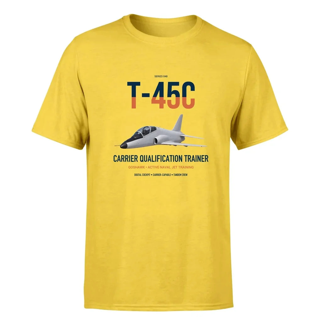 T-45C Goshawk design on yellow double-side t-shirt, single-side print