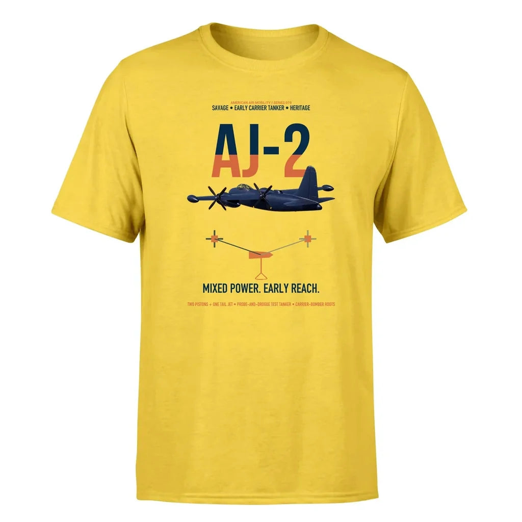 AJ-2 Savage Tanker design on yellow double-side t-shirt, single-side print