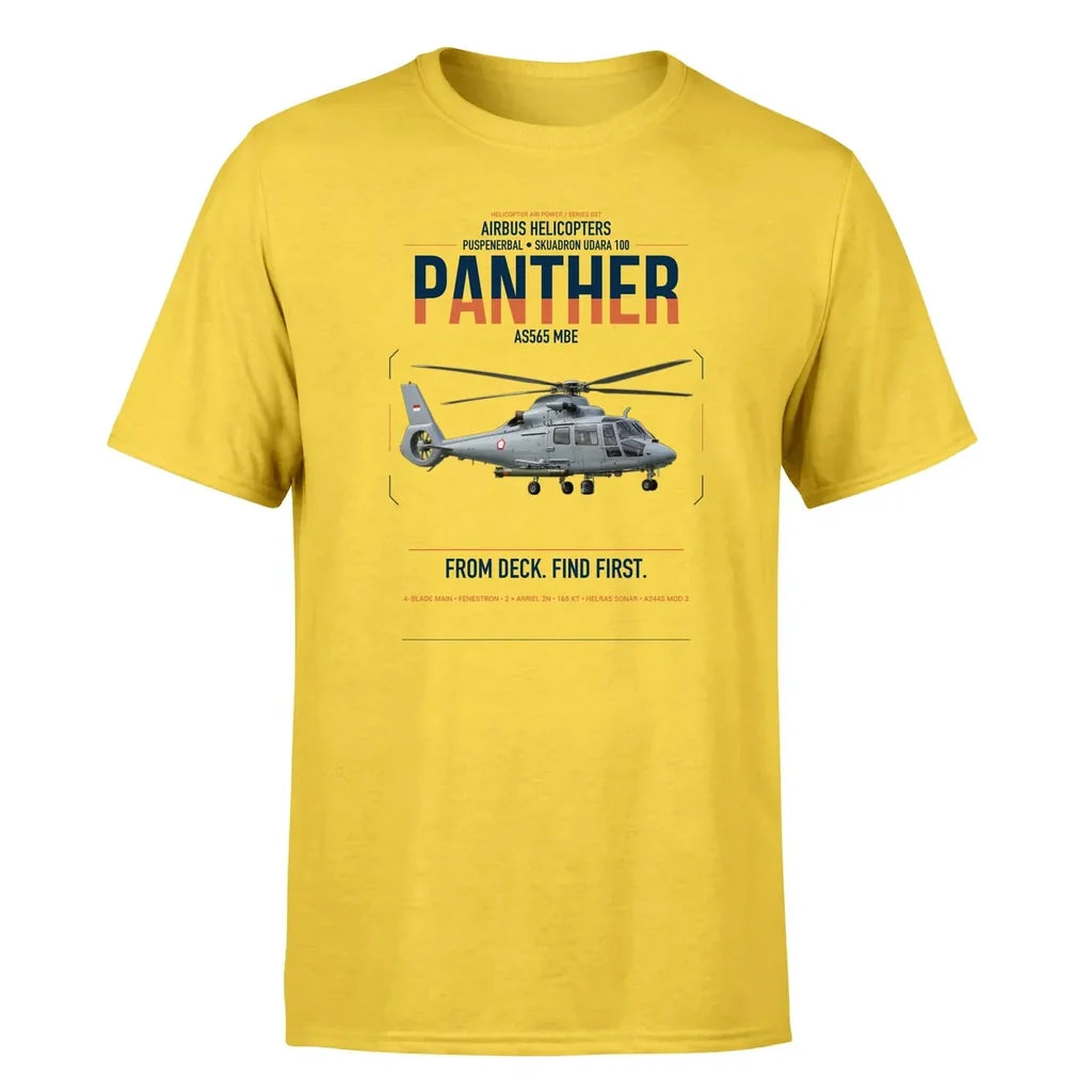 Airbus Helicopters AS565 MBe Panther design on yellow t-shirt, single-side print