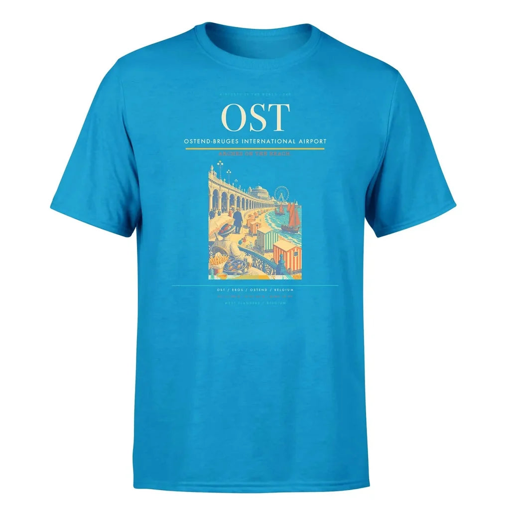 Ostend-Bruges International Airport (OST) T-Shirt single-side front print in Turquoise | ostend-bruges-international-airport-ost-double-side-t-shirt
