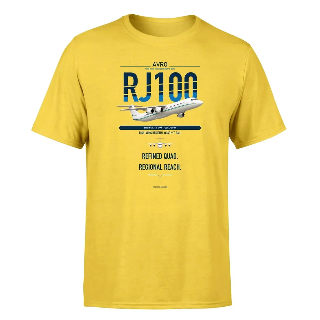 Avro RJ100 design on yellow double-side t-shirt, single-side print